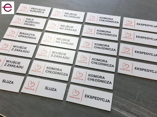 Białe tabliczki opisujące pomieszczenia zakładu