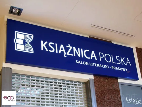 Niebieski kaseton Książnica Polska w galerii handlowej