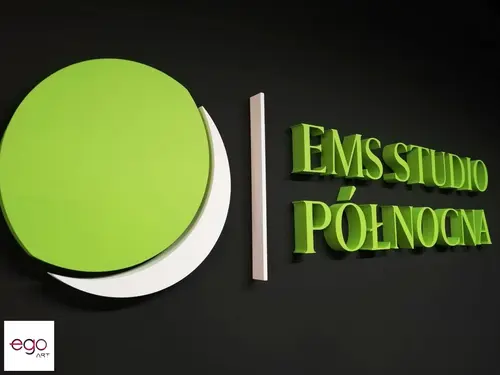 Zielono-białe logo i litery EMS Studio Północna na czarnej ścianie.