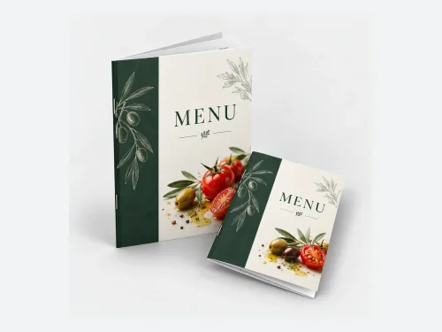 Dwie karty menu ze zszywkami, z zieloną i jasną grafiką restauracyjną