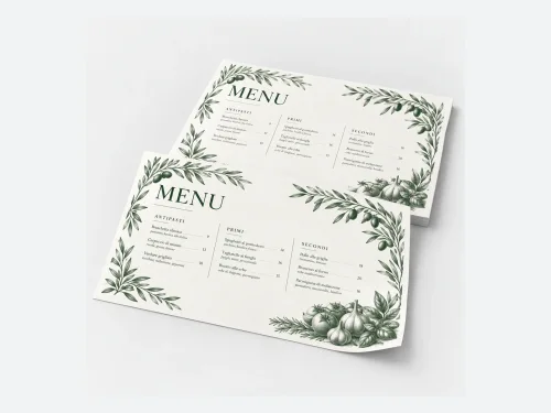 Podkładki pod talerze z menu i roślinną grafiką na jasnoszarym tle