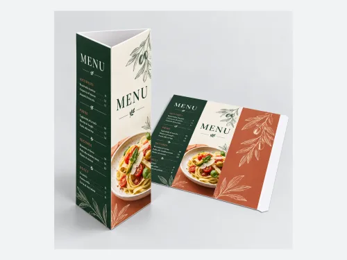 Trójkątny prezenter menu oraz rozłożony arkusz z zakładką do sklejenia