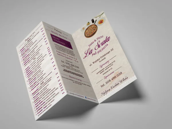 Składana ulotka pizzerii La Scala z menu