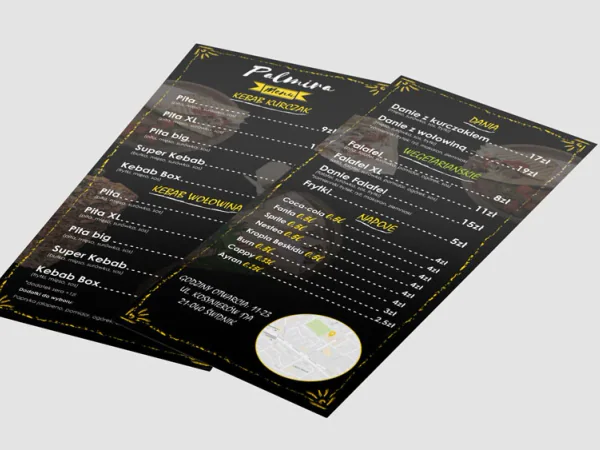 Czarna ulotka menu z fotografiami potraw