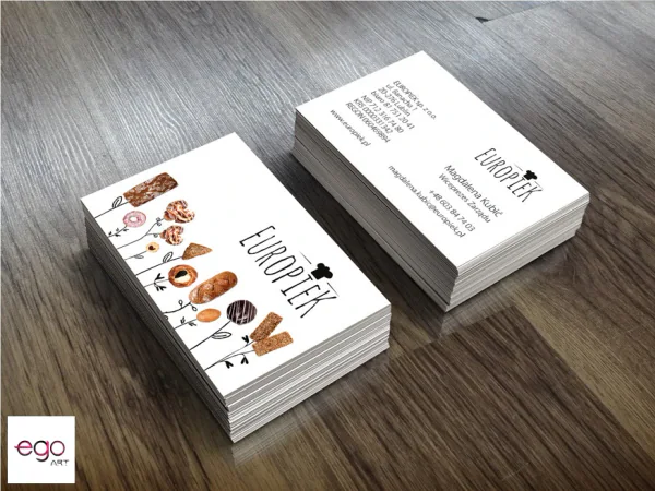 Wizytówki piekarni Europiek z grafiką wypieków
