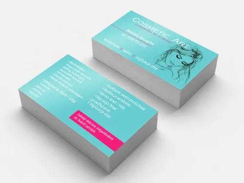 Turkusowe wizytówki salonu Cosmetic Art