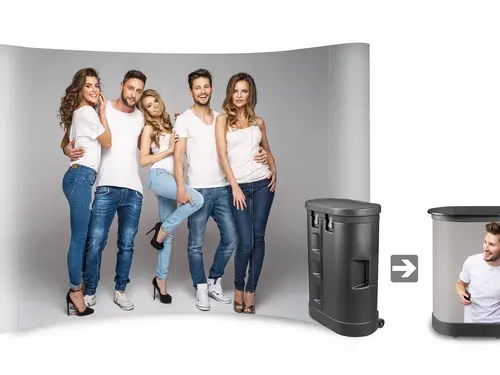 Zestaw ścianki Pop-up z walizką przekształcaną w ladę